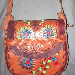 Vintage 60s-70s Pastel Floral Tooled Leather Saddle Bag Purse - Boho Style